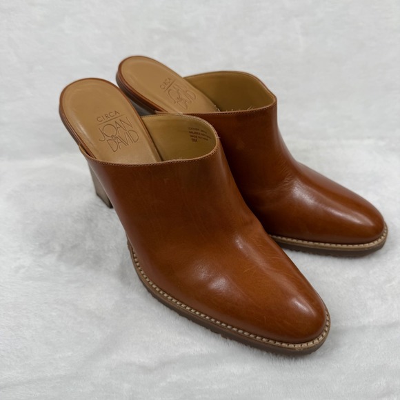 Circa Joan & David Shoes - Circa Joan David Brown Leather Block Heel Mules Almond Toe‎ Cognac Womens 9M